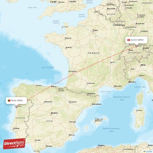 Porto - Zurich direct flight map