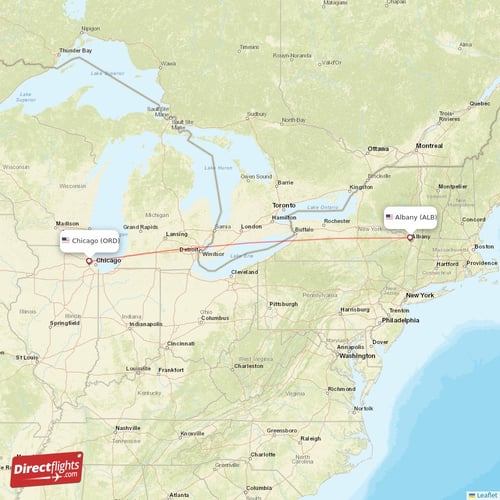 Chicago - Albany direct flight map
