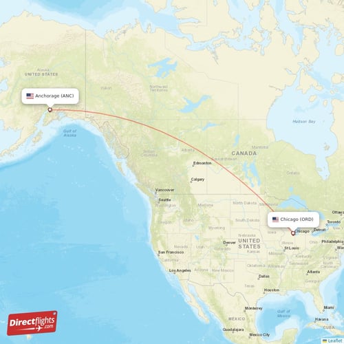 Chicago - Anchorage direct flight map