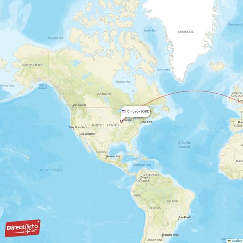 Chicago - Athens direct flight map