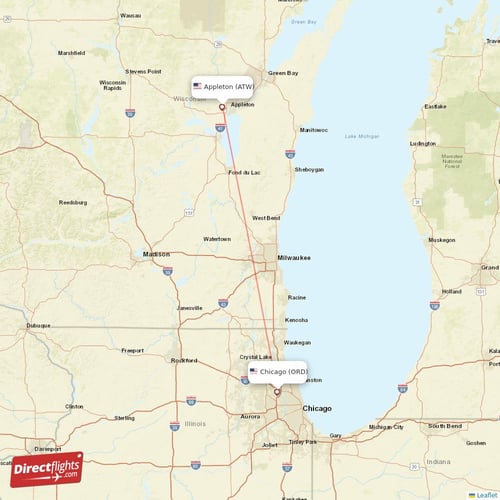 Chicago - Appleton direct flight map