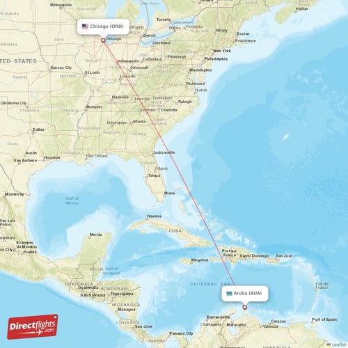 Chicago - Aruba direct flight map