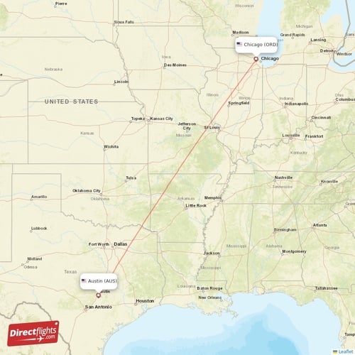Chicago - Austin direct flight map