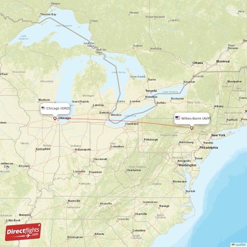Chicago - Wilkes-Barre direct flight map