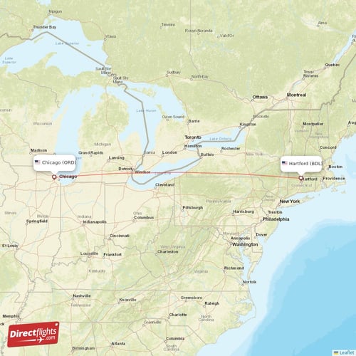 Chicago - Hartford direct flight map