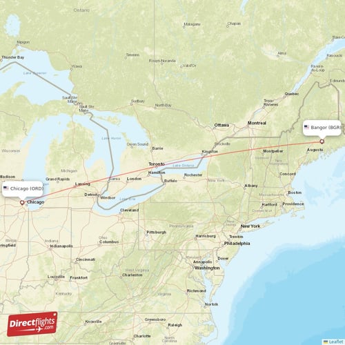 Chicago - Bangor direct flight map