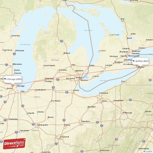 Chicago - Buffalo direct flight map