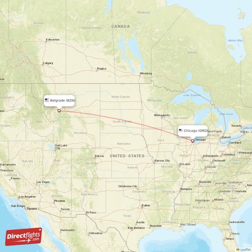 Chicago - Bozeman direct flight map