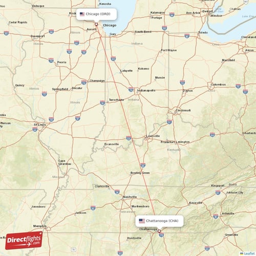 Chicago - Chattanooga direct flight map