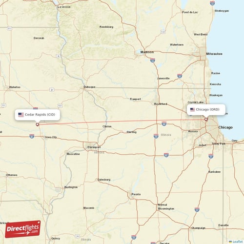 Chicago - Cedar Rapids direct flight map
