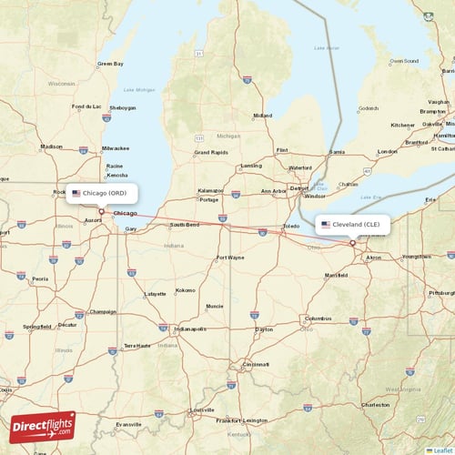 Chicago - Cleveland direct flight map