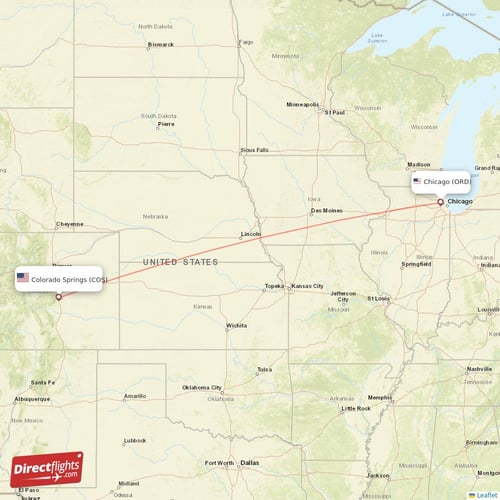 Chicago - Colorado Springs direct flight map