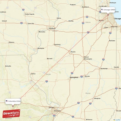 Chicago - Columbia direct flight map