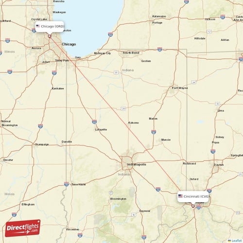 Chicago - Cincinnati direct flight map