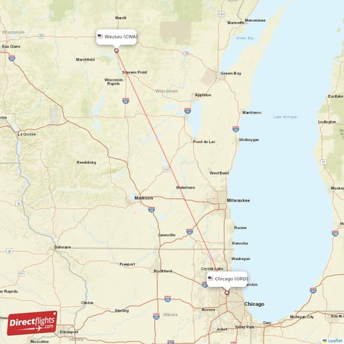 Chicago - Wausau direct flight map