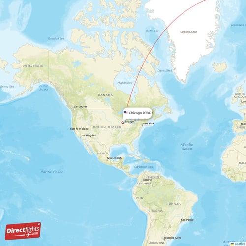 Chicago - Delhi direct flight map
