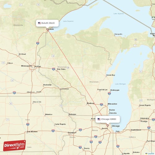 Chicago - Duluth direct flight map