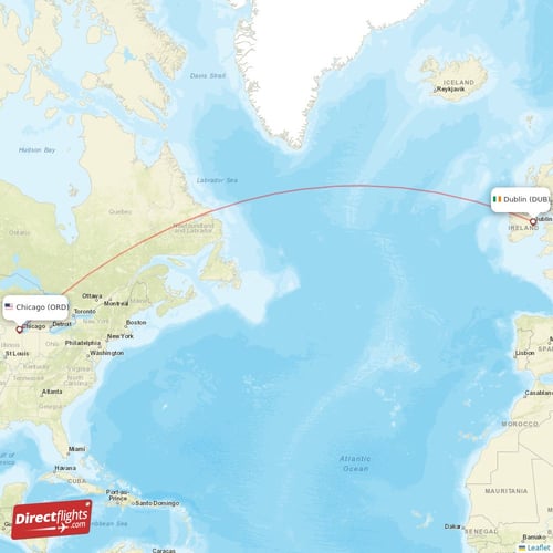 Chicago - Dublin direct flight map