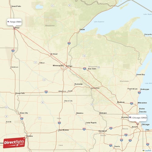 Chicago - Fargo direct flight map