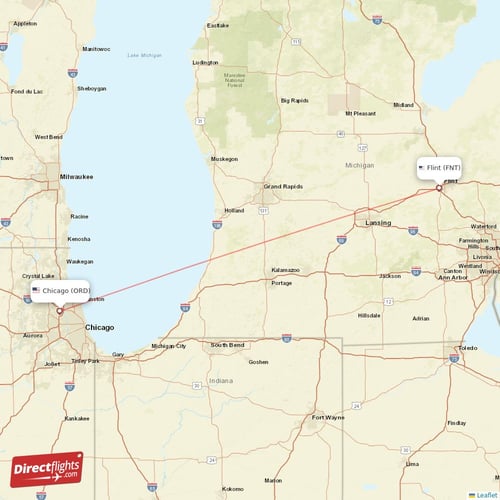 Chicago - Flint direct flight map