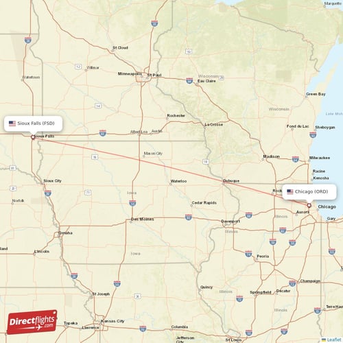 Chicago - Sioux Falls direct flight map