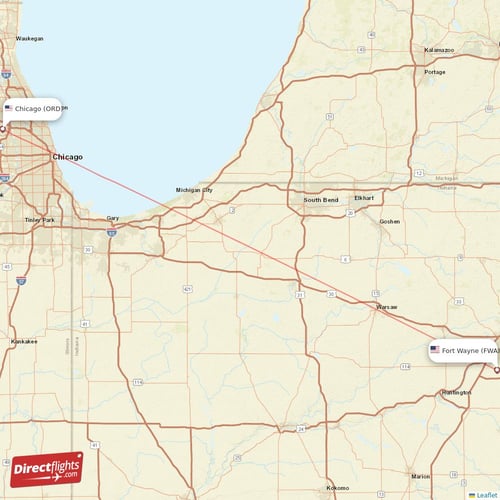 Chicago - Fort Wayne direct flight map