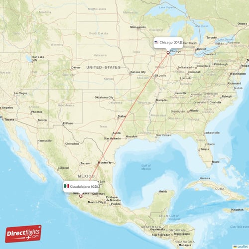 Chicago - Guadalajara direct flight map