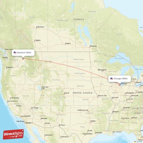 Chicago - Spokane direct flight map