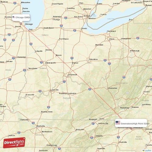 Chicago - Greensboro/High Point direct flight map