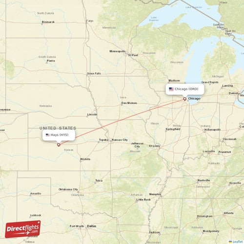 Chicago - Hays direct flight map