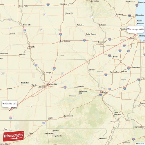 Chicago - Wichita direct flight map