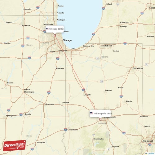 Chicago - Indianapolis direct flight map