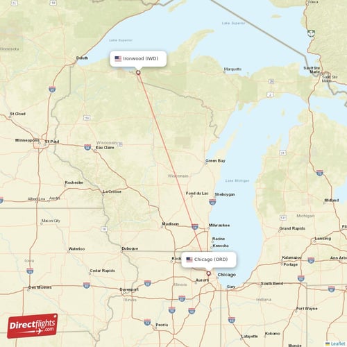 Chicago - Ironwood direct flight map