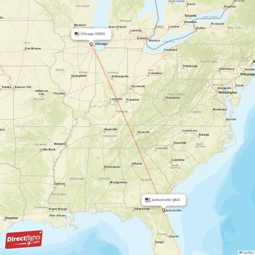 Chicago - Jacksonville direct flight map