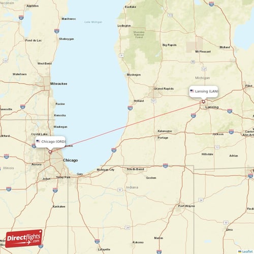 Chicago - Lansing direct flight map