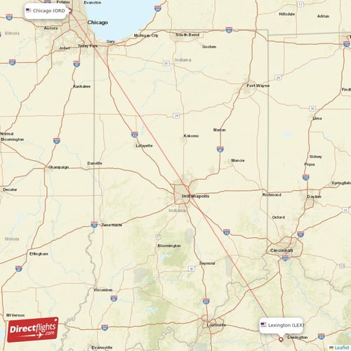 Chicago - Lexington direct flight map