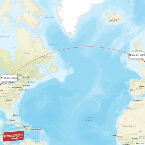 Chicago - London direct flight map