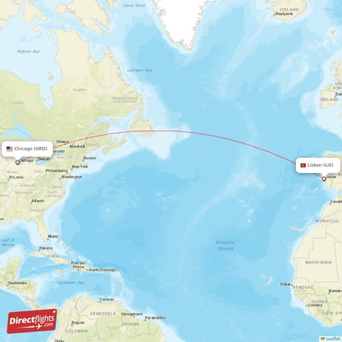 Chicago - Lisbon direct flight map