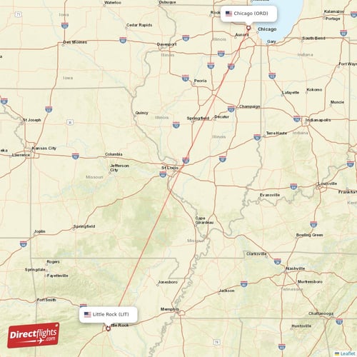 Chicago - Little Rock direct flight map