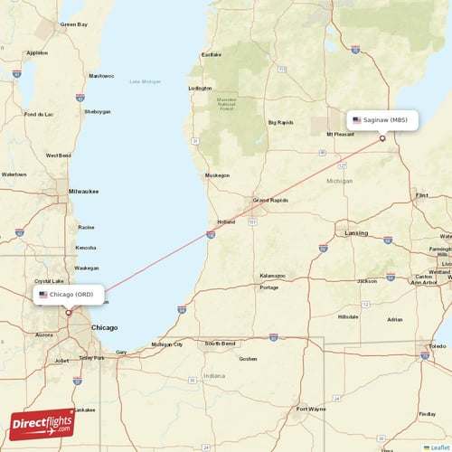 Chicago - Saginaw direct flight map