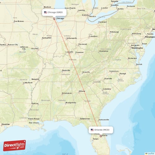 Chicago - Orlando direct flight map