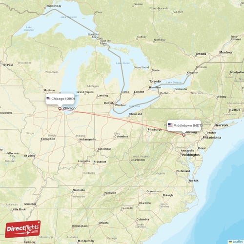 Chicago - Middletown direct flight map