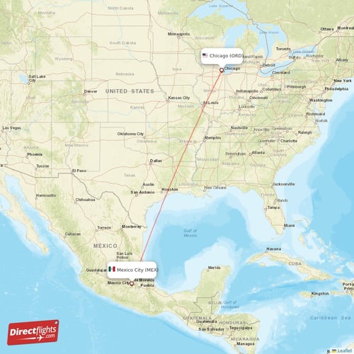 Chicago - Mexico City direct flight map