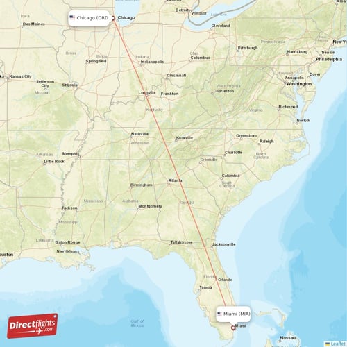 Chicago - Miami direct flight map