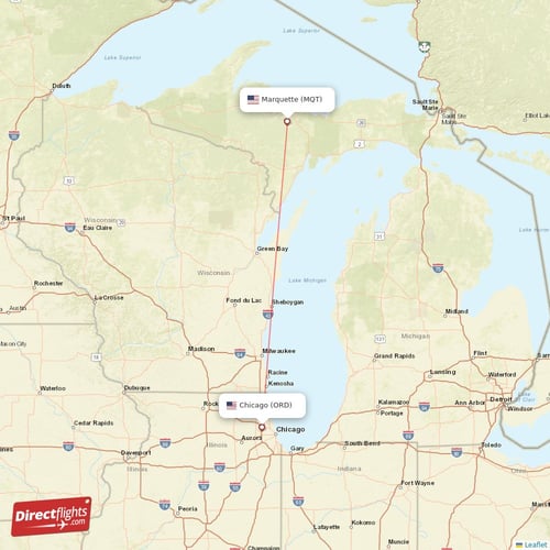 Chicago - Marquette direct flight map