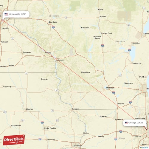 Chicago - Minneapolis direct flight map