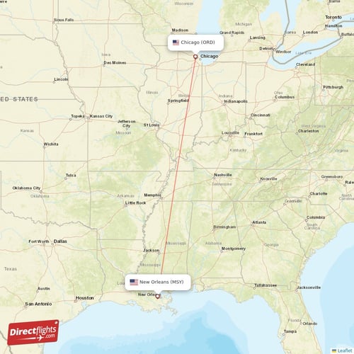 Chicago - New Orleans direct flight map