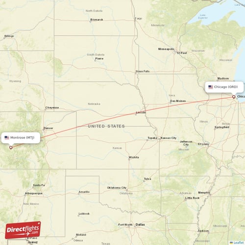 Chicago - Montrose direct flight map