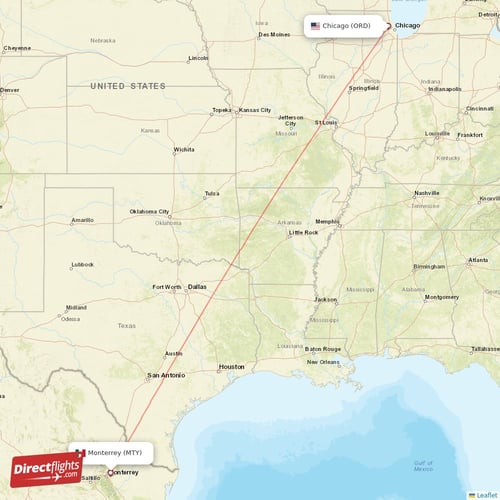 Chicago - Monterrey direct flight map
