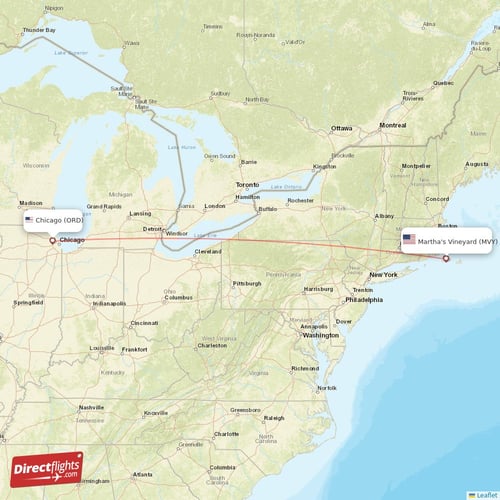Chicago - Martha's Vineyard direct flight map